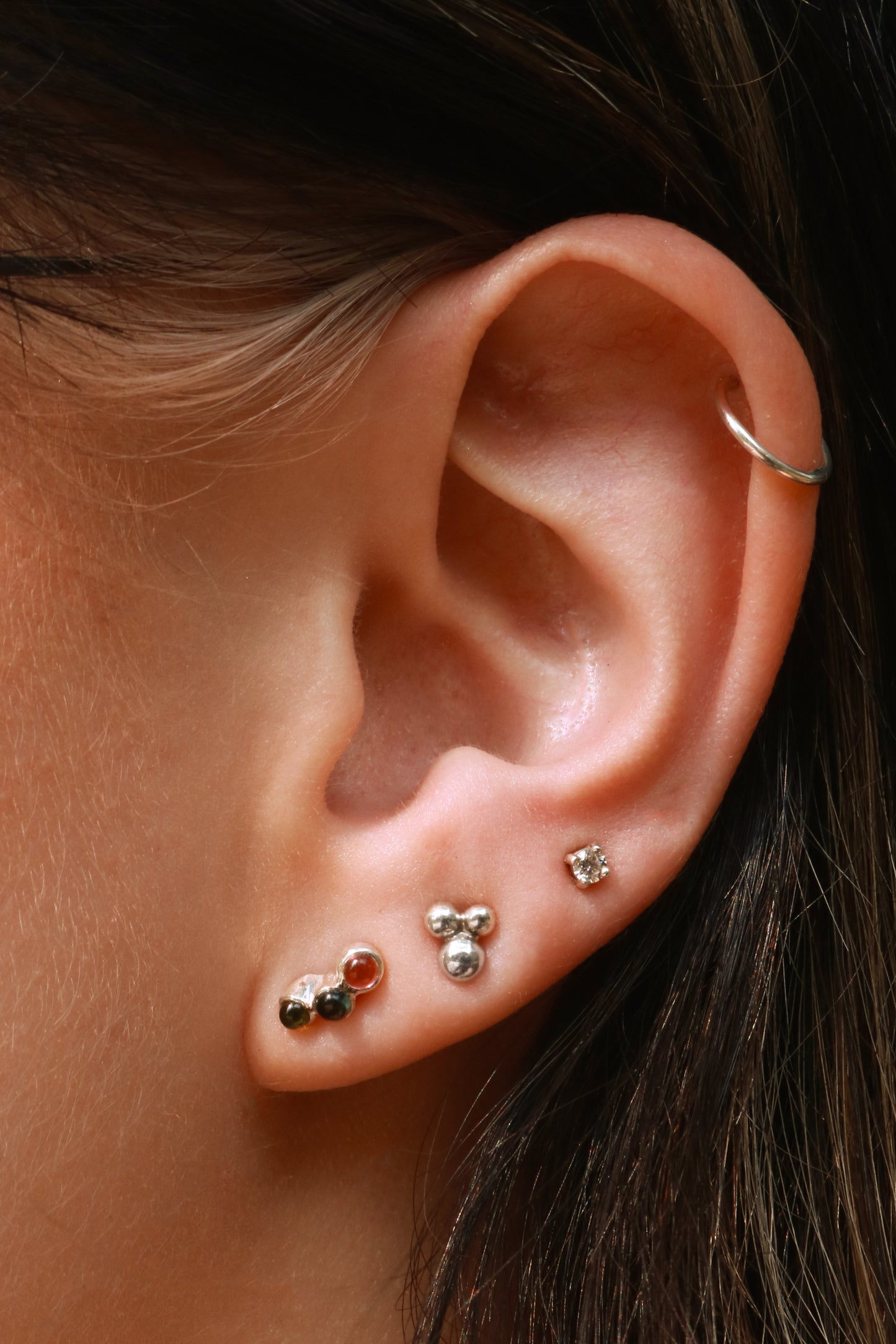 Sterling Silver Tri-Stone Crown Studs