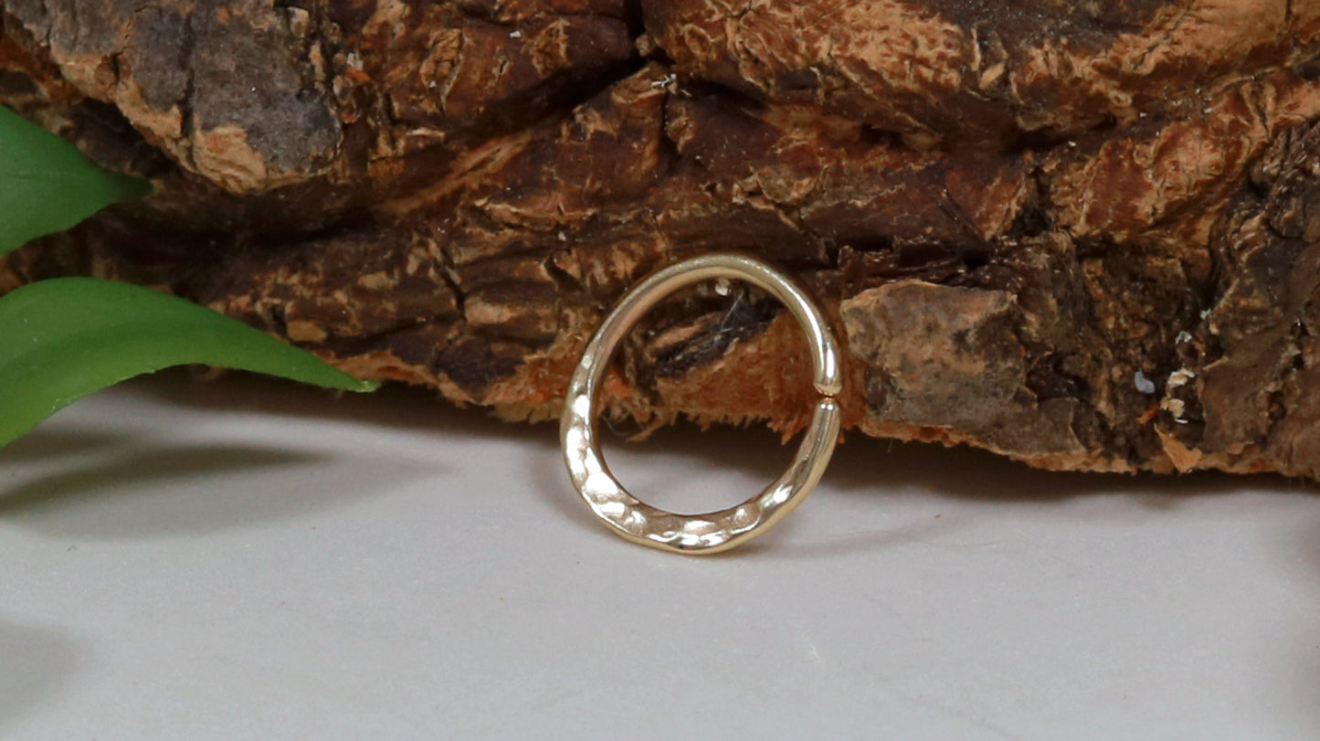 14k yellow gold hammer textured septum hoop ring, custom gauge.