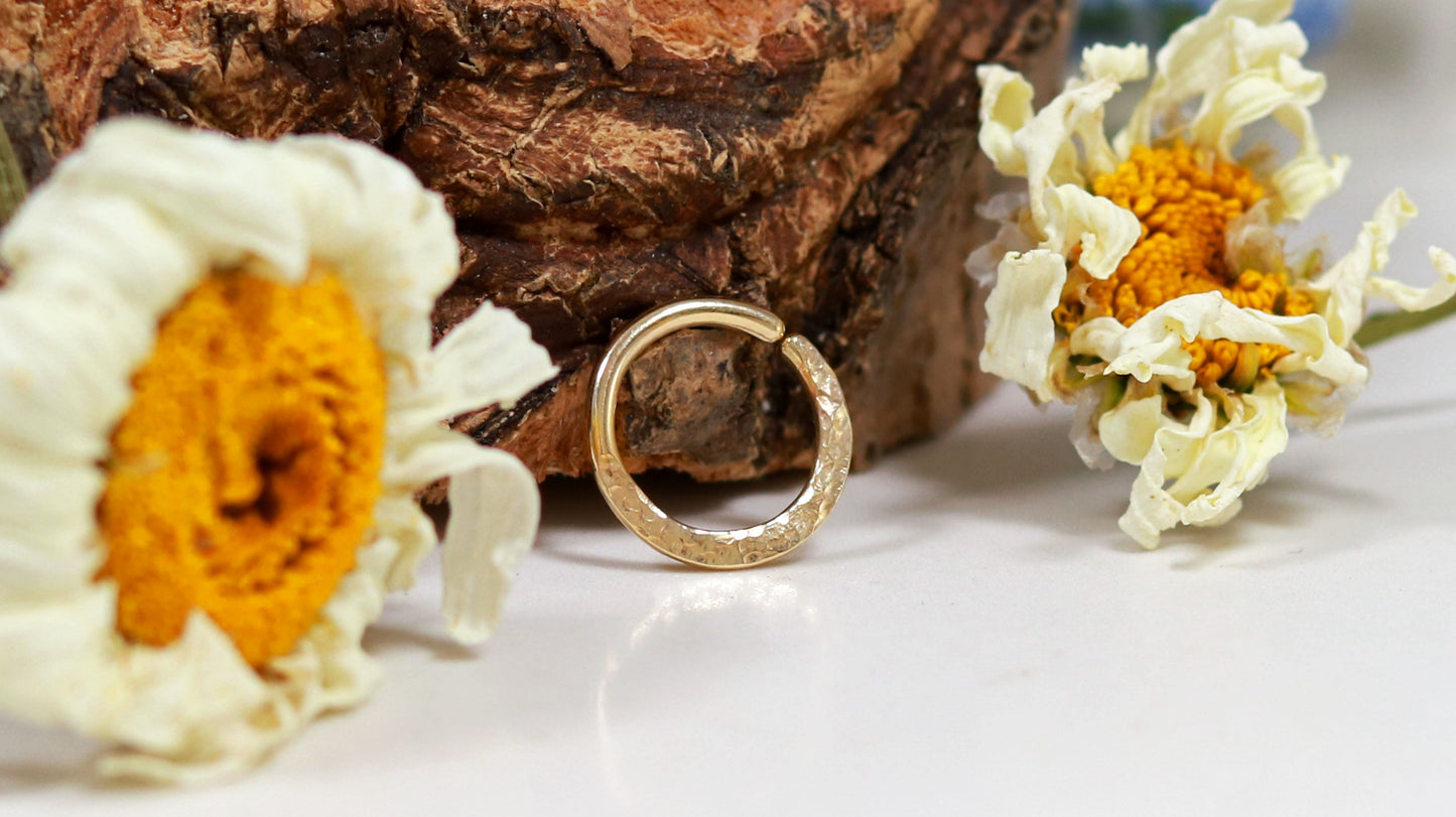 14k yellow gold hammer textured septum hoop ring, custom gauge.