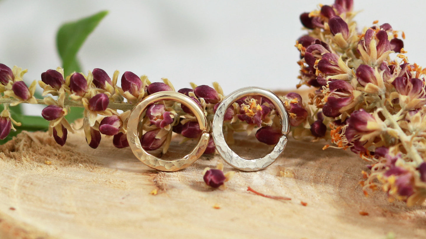 14k yellow gold and 14k white gold hammer textured septum hoop ring, custom gauge.