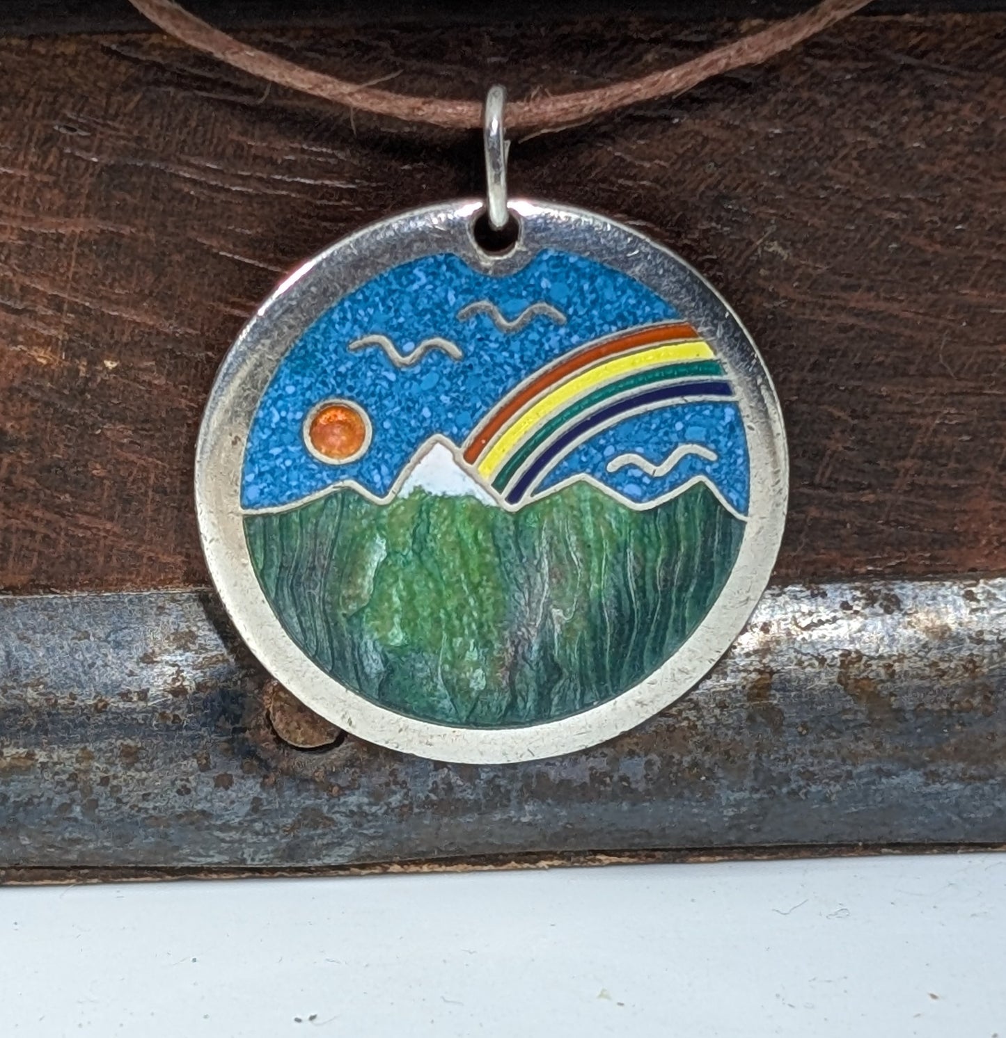 Vintage Glass Enamel, Crushed Turquoise & Sterling Silver Mountain Pendant- Taxco Fine Jewelry