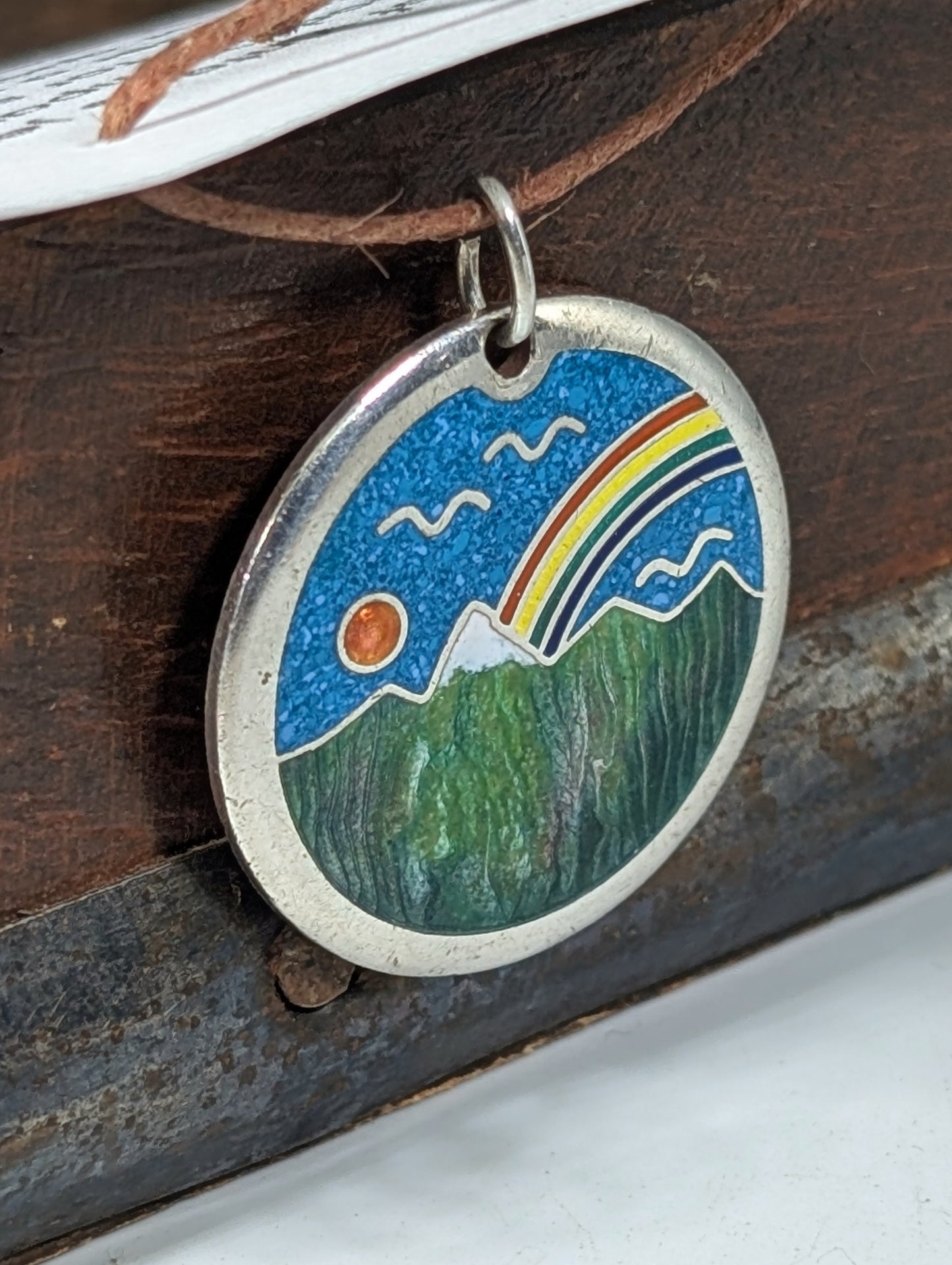 Vintage Glass Enamel, Crushed Turquoise & Sterling Silver Mountain Pendant- Taxco Fine Jewelry
