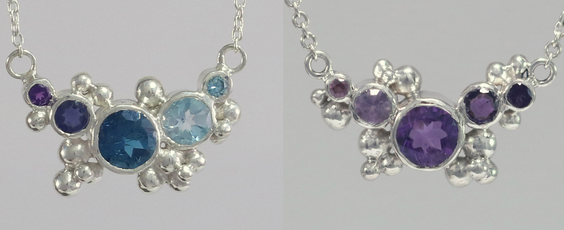 Different shades of round amethyst stones, surrounded by silver bubbles on a silver chain.