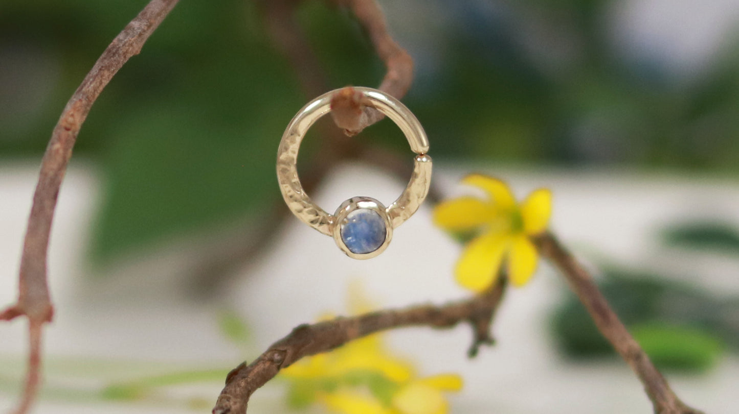 A 14k yellow gold hoop, flattened and textured at the bottom, with a round rainbow moonstone set in a bezel on top of the textured flat section.