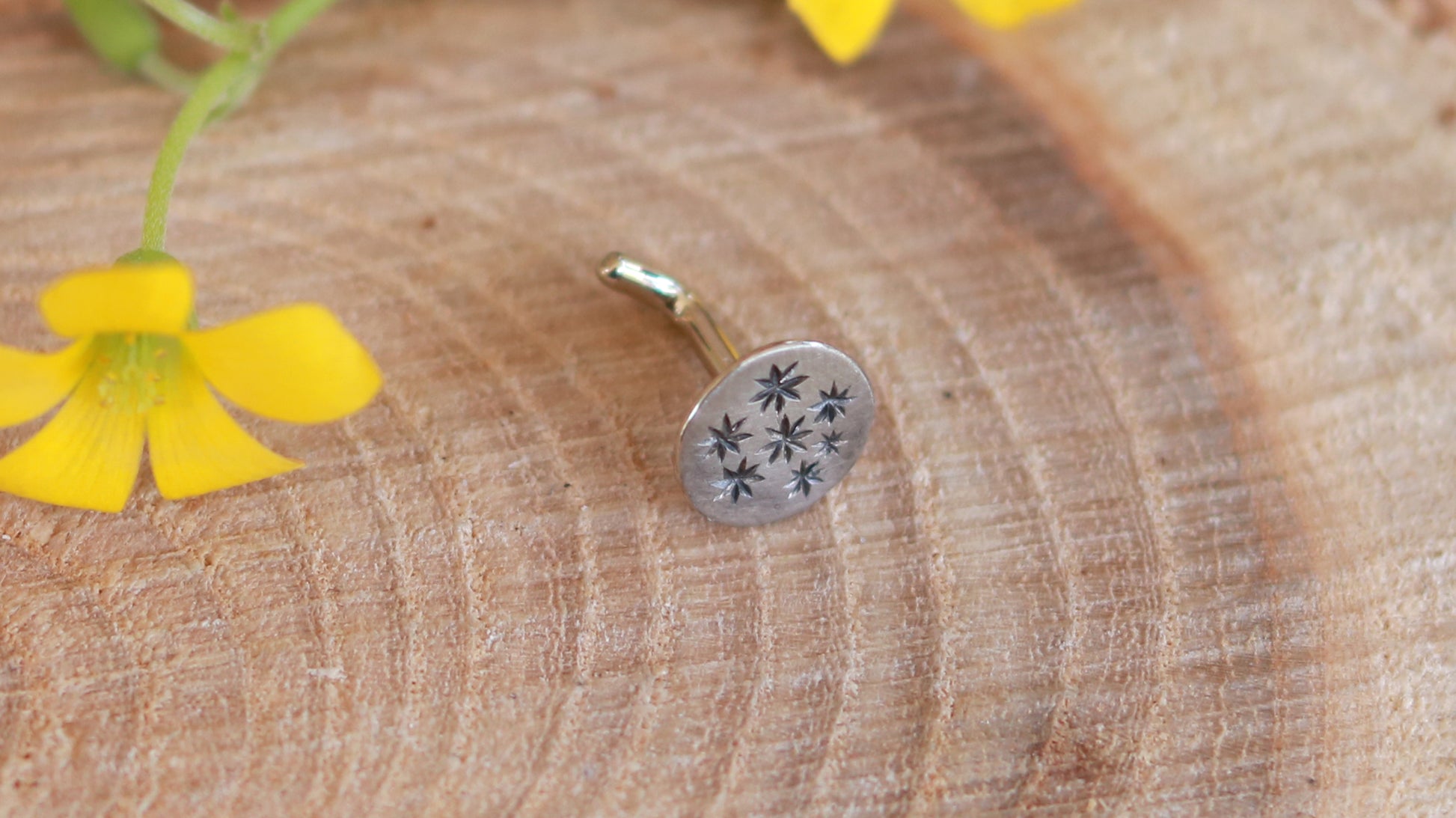 5mm, flat, solid 14k white gold disc nose stud with black hand carved stars.