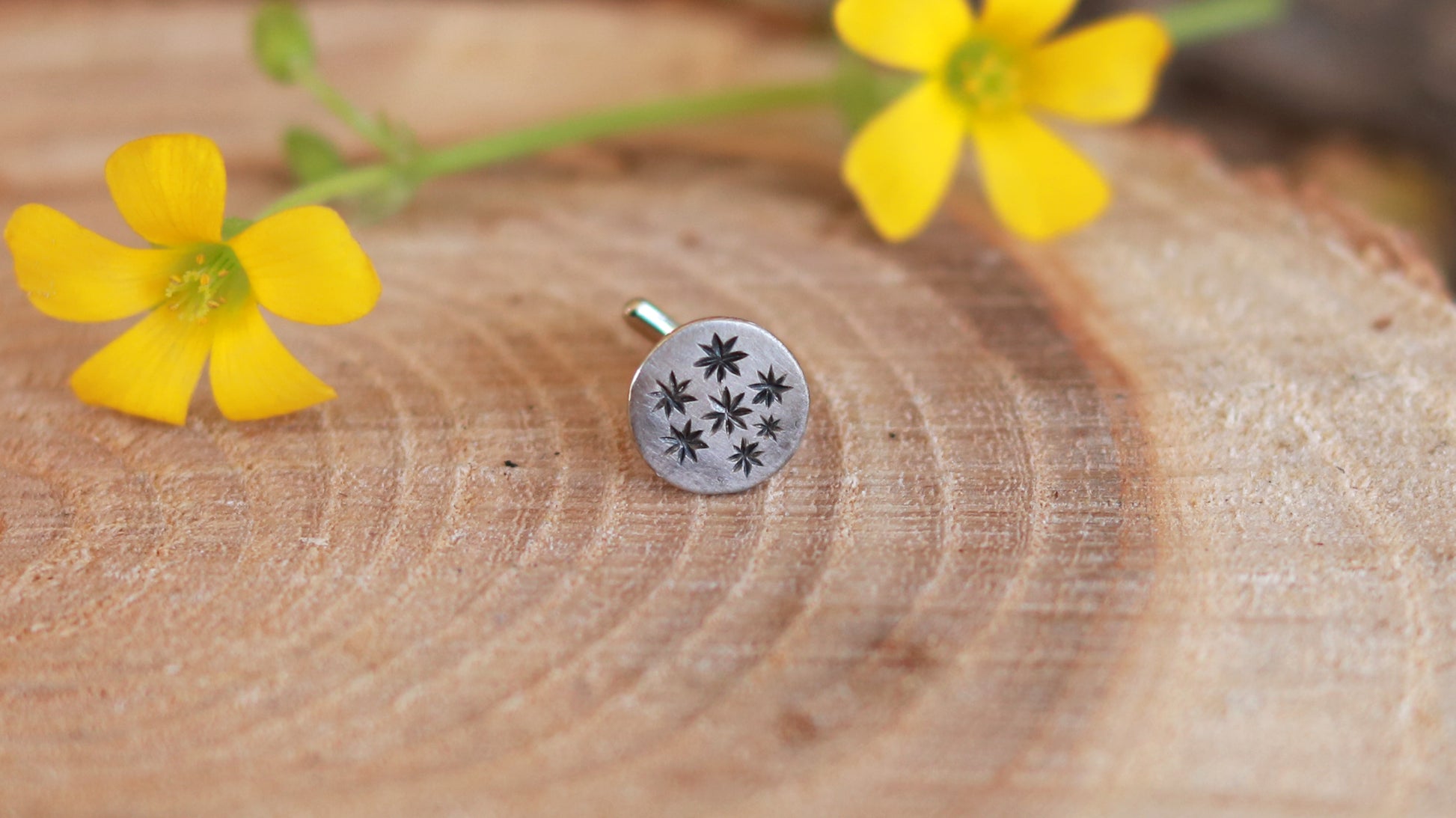 5mm, flat, solid 14k white gold disc nose stud with black hand carved stars.