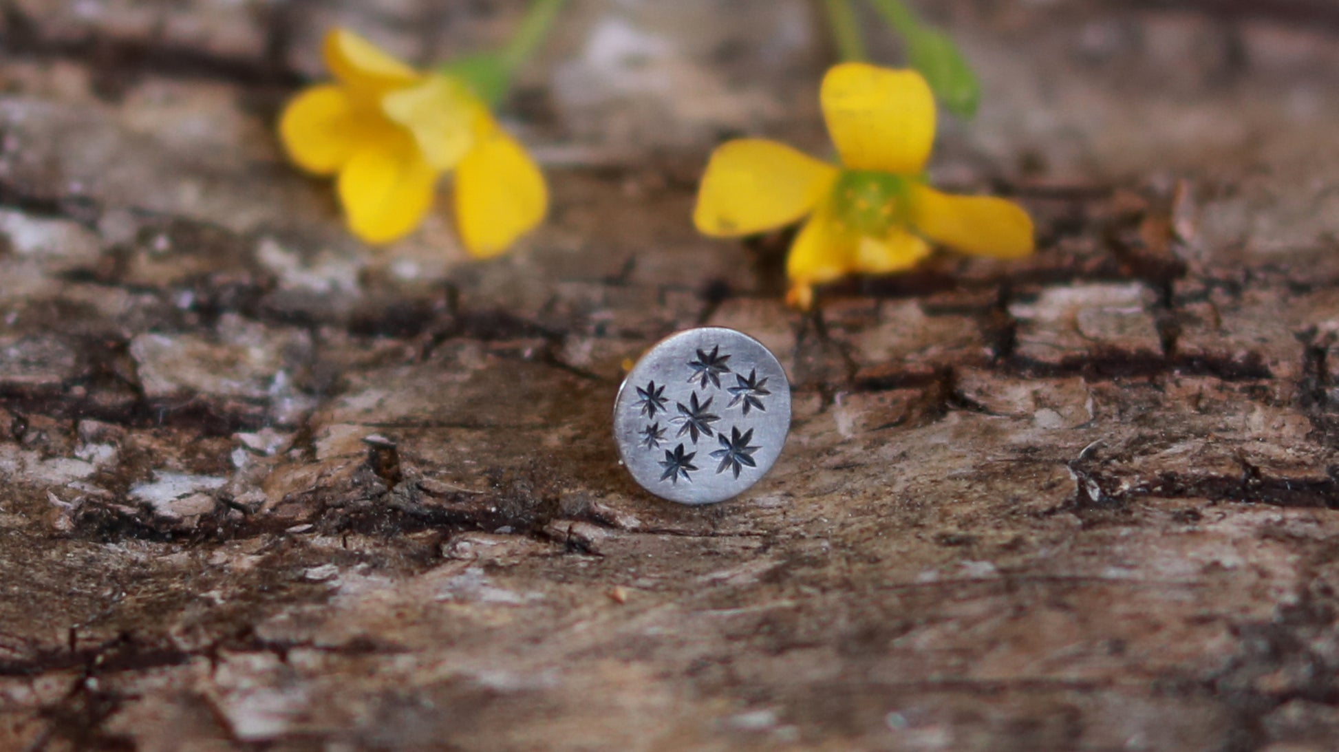 5mm, flat, solid 14k white gold disc nose stud with black hand carved stars.