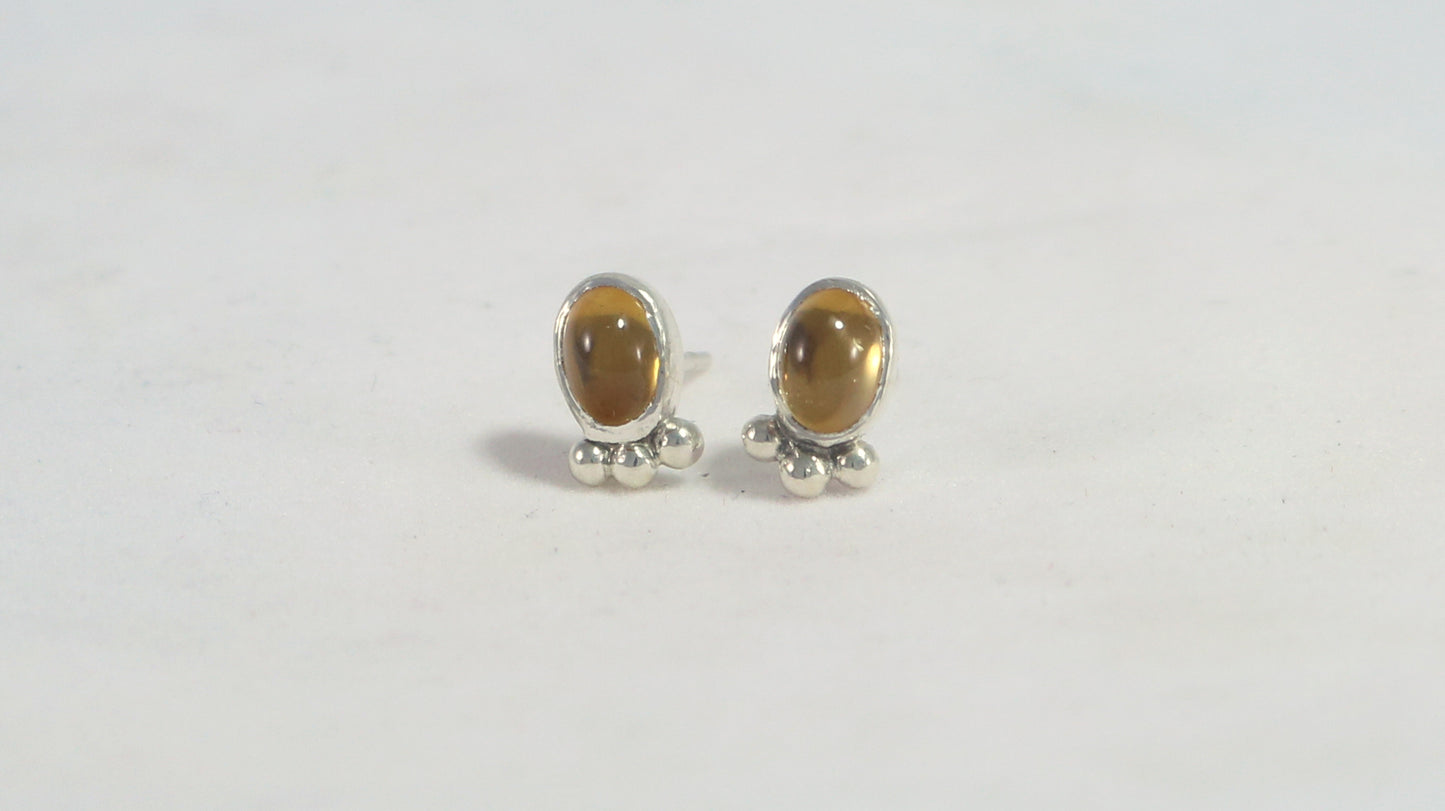 Vertical oval natural gemstone set in sterling silver bezel stud earrings with 3 silver bubble accent.
