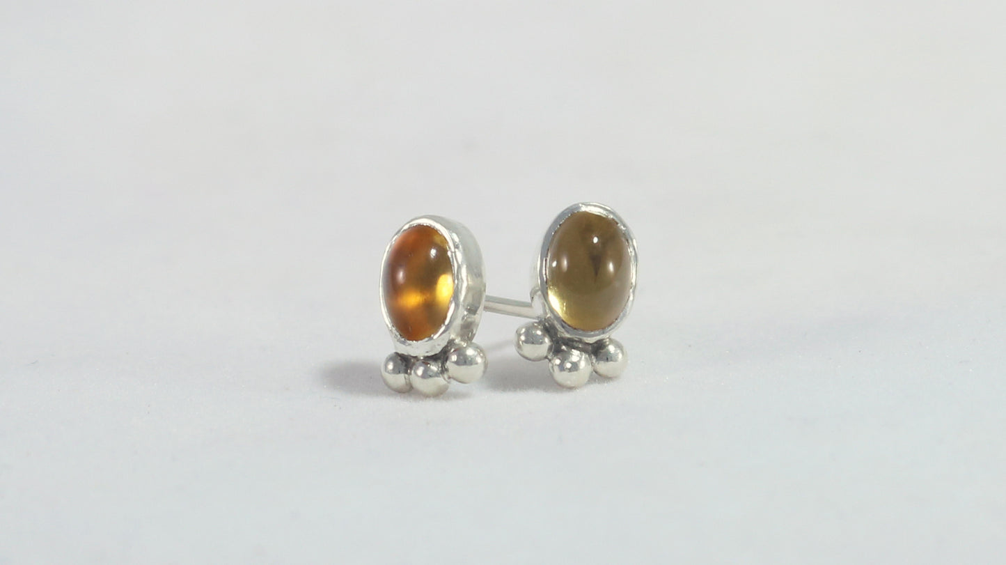 Vertical oval natural gemstone set in sterling silver bezel stud earrings with 3 silver bubble accent.