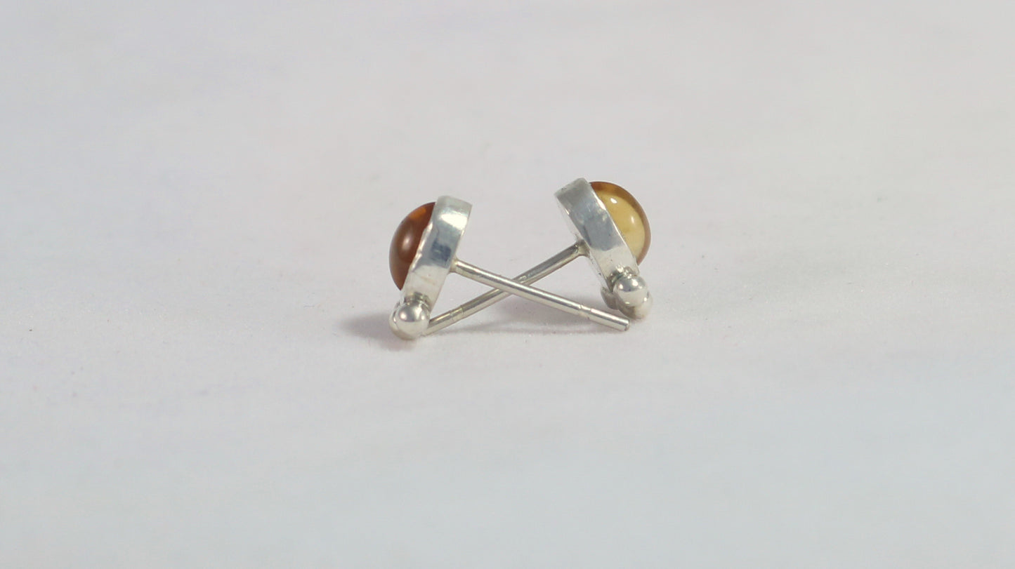 Vertical oval natural gemstone set in sterling silver bezel stud earrings with 3 silver bubble accent.