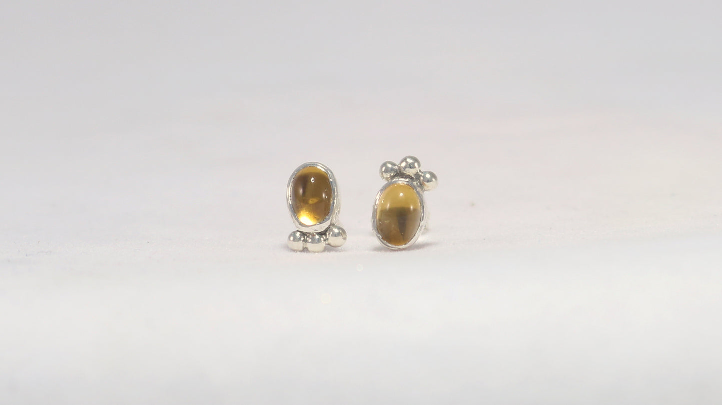 Vertical oval natural gemstone set in sterling silver bezel stud earrings with 3 silver bubble accent.