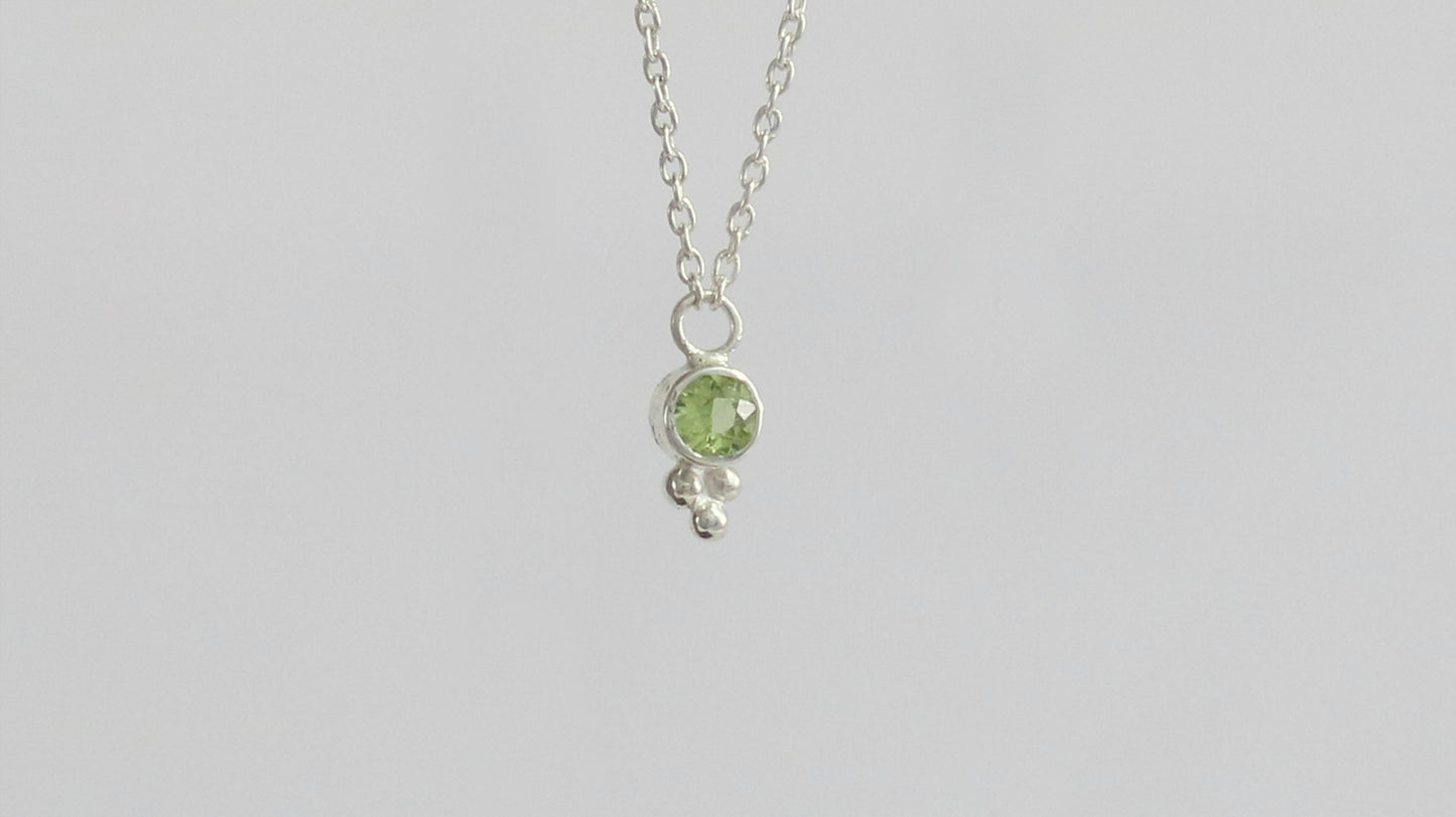 Natural gemstone set in sterling silver bezel, silver bubble pyramid accent on a sterling silver chain.