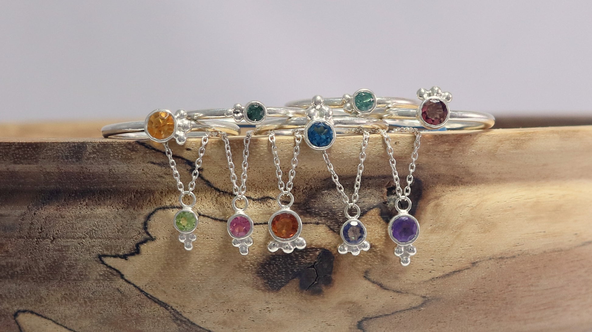 Natural gemstone set in sterling silver bezel, silver bubble pyramid accent on a sterling silver chain.