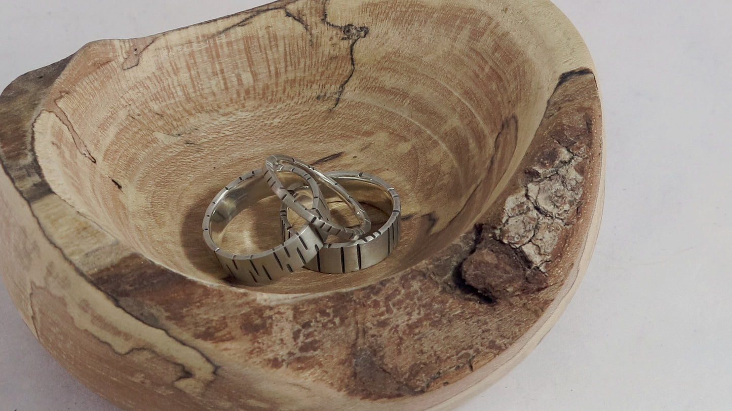 6mm sterling silver ring band with offset, randomly spaced, black lines.