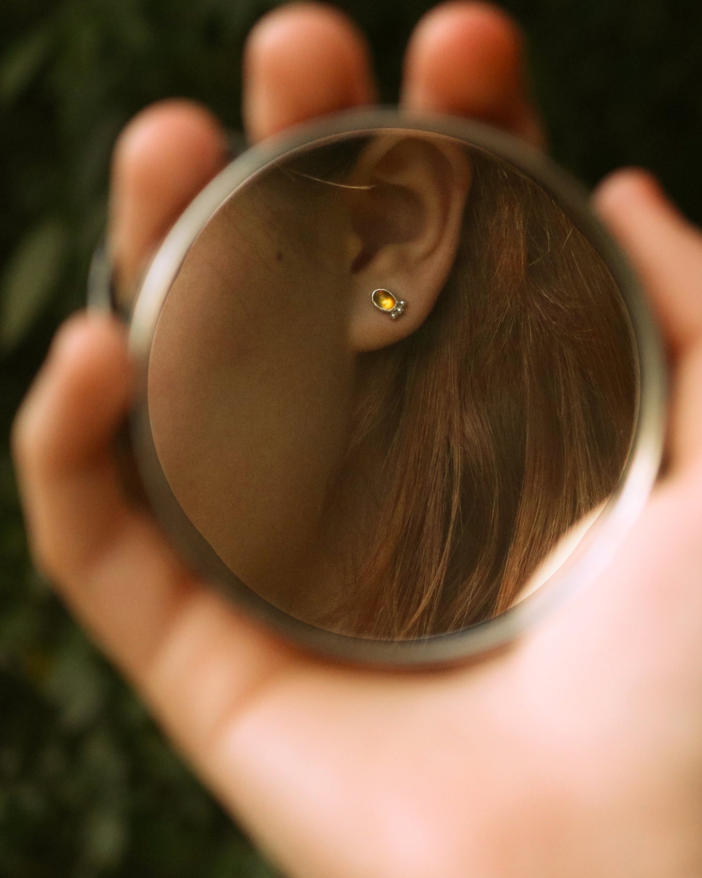 Vertical oval natural gemstone set in sterling silver bezel stud earrings with 3 silver bubble accent.