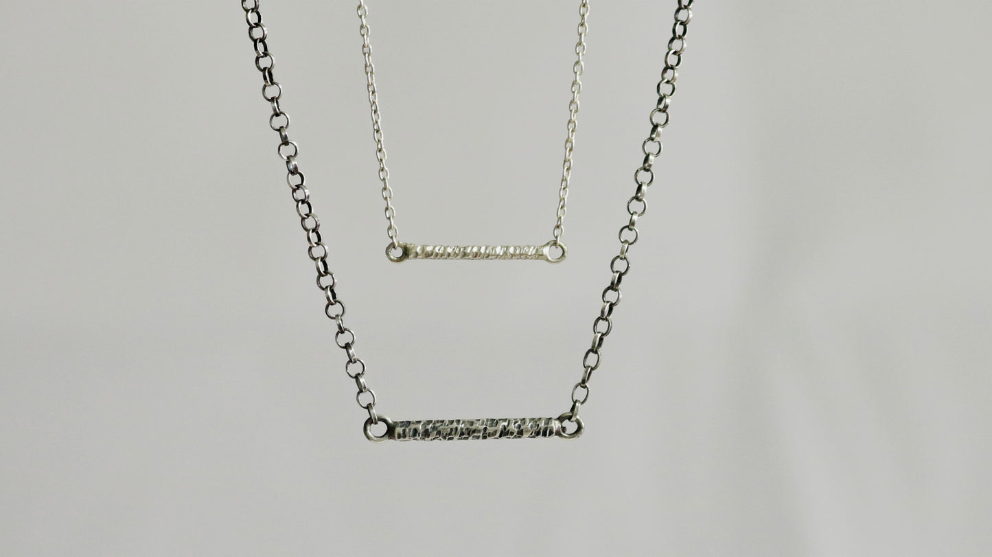 Solid sterling silver chain with a textured 15mm silver bar.