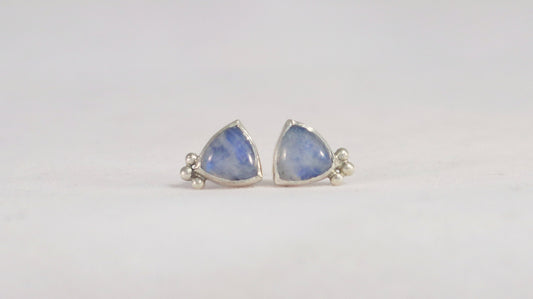 Natural trillion gemstones set in sterling silver bezel with 3 silver bubble accents, stud earrings.