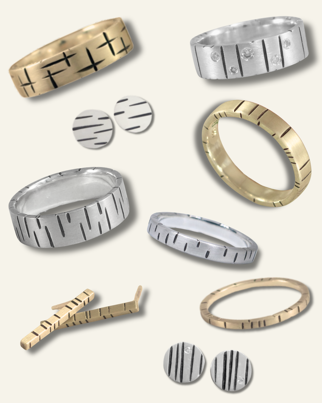 Two silver rings, one on top of the other, each have randomly spaced vertical black lines.