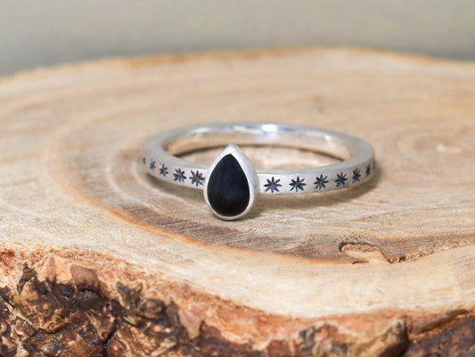 star ring sterling silver ring black onyx ring stars pear gemstone jewelry handmade jewelry