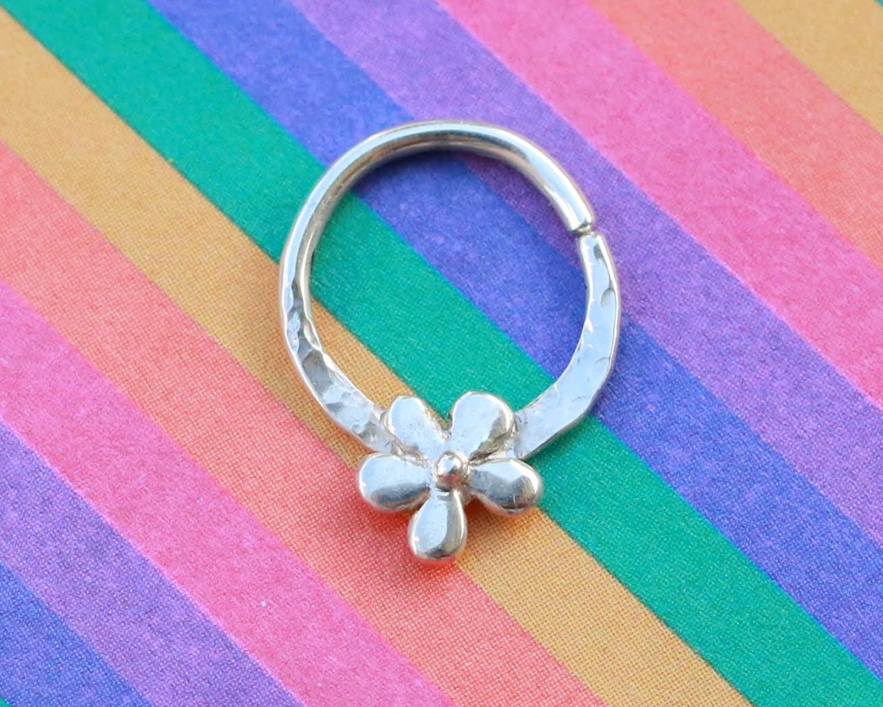 Silver flower septum hoop, septum piercing, septum jewelry, body jewelry.