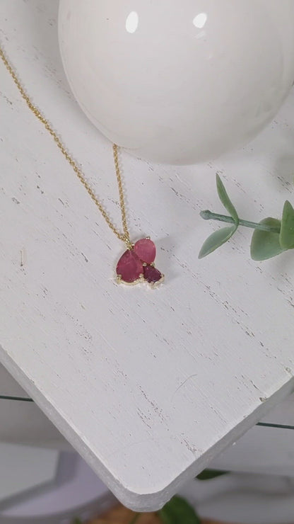 14k Yellow Gold & 3 Genuine Ruby Cluster Necklace