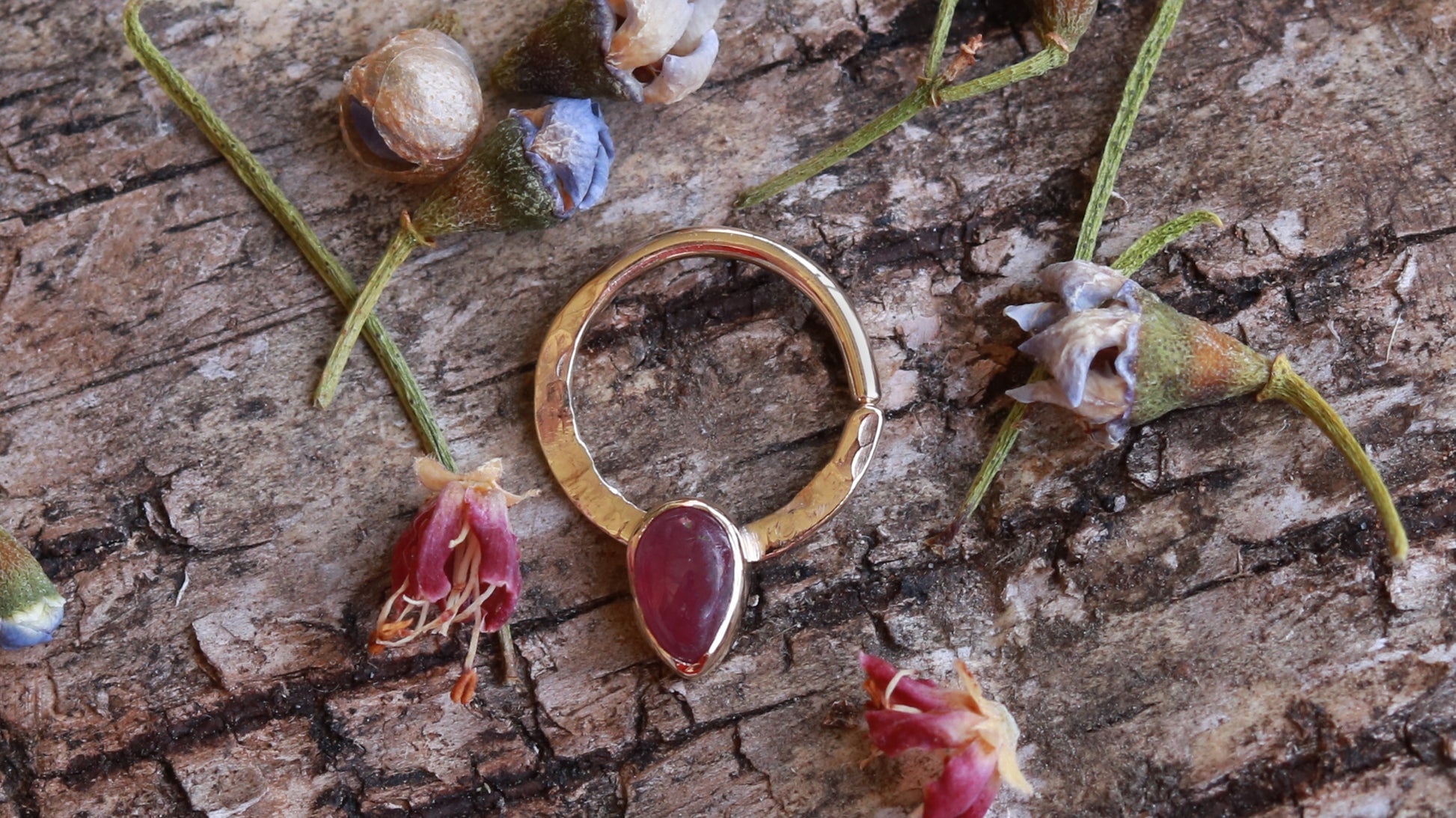 14k yellow gold septum hoop with an upside down pear ruby at the bottom.