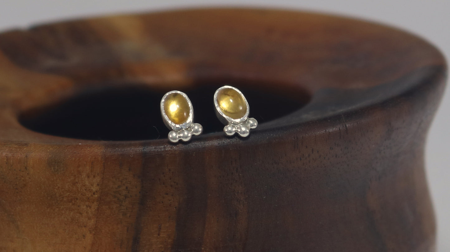 Vertical oval natural gemstone set in sterling silver bezel stud earrings with 3 silver bubble accent.
