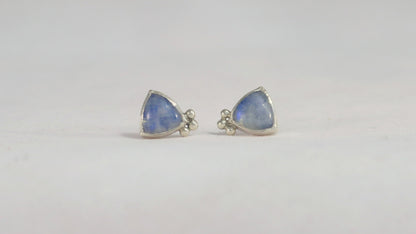 Natural trillion gemstones set in sterling silver bezel with 3 silver bubble accents, stud earrings.