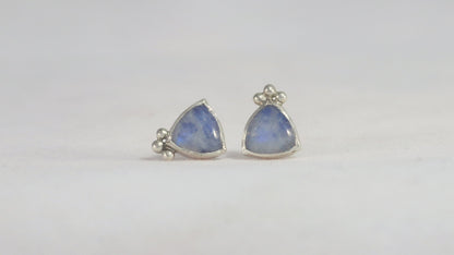 Natural trillion gemstones set in sterling silver bezel with 3 silver bubble accents, stud earrings.